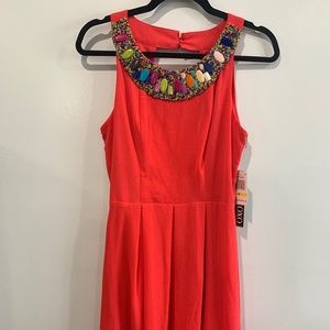 Coral Dress with Multicolored Beaded Collar